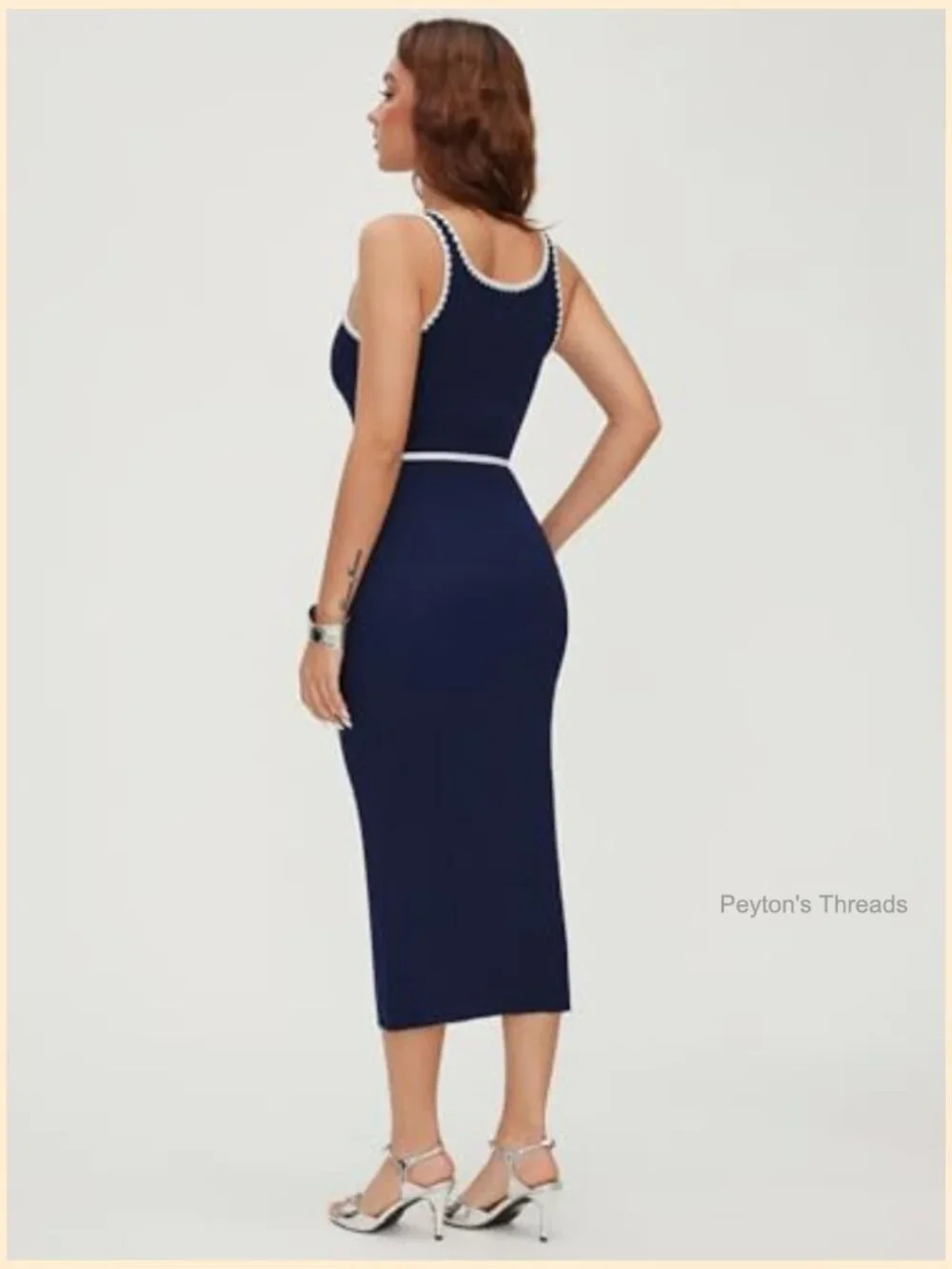 CIDER Women's Square Neck Ribbed Knit Midi Bodycon Dress with Tie Waist